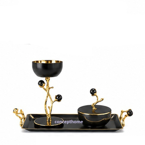 Golden Brass Incense <b>Burner</b> Set With Tray And Black Bead Accents Aromatic All Season Use - Product Image 5