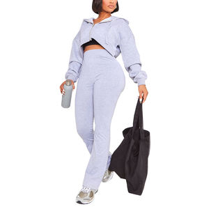 Custom Made Logo Winter Printed Street Wear High Quality Flare Pants with Hoodie Set Cotton Fleece Tracksuit for Women - Product Image 1