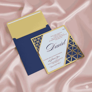 Invitación Geométrica de Acrílico Dorado con Efecto Espejo para Bar Mitzvah, Marco Triangular Cortado con Láser, Sobre de Bolsillo Azul Marino - Product Image 2