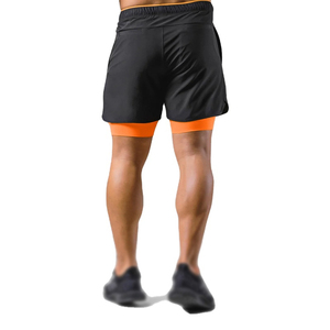 Men's Black Sporty Running Shorts Elastic Waist Quick Dry Short Shorts With Orange Inner <b>Layer</b> Knitted Polyester running Shorts - Product Image 1