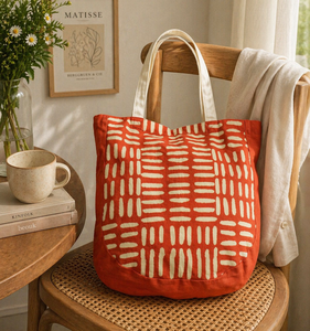 Premium Cotton Printed <b>Tote</b> <b>Bag</b> | <b>Blue</b> & Beige Geometric Pattern Reusable Shopping <b>Bag</b> with Long Shoulder Handles - Product Image 4