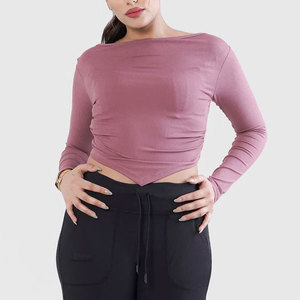 Custom High Elasticity Fitness Wear Seamless <b>Long</b> Sleeve <b>Shirt</b> <b>Women</b> Crop Design V Hem Wide Neck Sportswear <b>Shirt</b> Yoga Top - Product Image 5