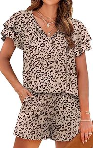 Conjunto de 2 Piezas para Mujer, Estampado de Leopardo, Verano, Top con Cuello en V y Pantalones Cortos con Cordón, Poliéster/Algodón, Corte Holgado - Product Image 2