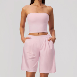 Green Strapless Tube Top Pleated <b>Bermuda</b> <b>Shorts</b> Set <b>Womens</b> Summer Athleisure Two Piece Outfit Vendor Custom Brand Logo in 2026 - Product Image 2