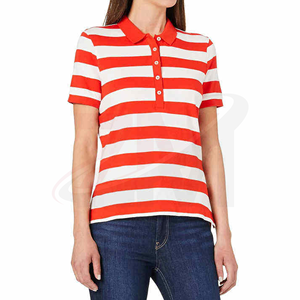 <b>Striped</b> Polo <b>Shirt</b> <b>Red</b> <b>White</b> Knitted Full Sleeve Casual Style Regular Length 100% Original Pique Cotton Fabric Women's <b>Shirts</b> - Product Image 1