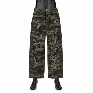 Jean en denim camouflage taille haute à jambe large pour homme, déchiré, coupe ample, style streetwear, mode automne, en coton, effet usé - Product Image 1