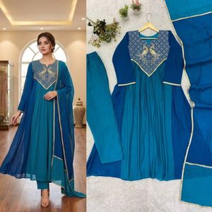 Mul Chanderi Embroidered Kurta <b>Pant</b> Set Cording <b>Sequin</b> Work Suit with Lace Dupatta Indian Ethnic Wear - Product Image 6