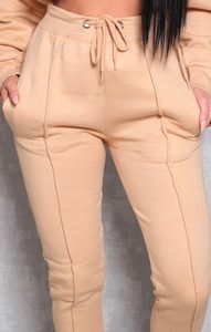 Conjunto Deportivo con Capucha para Mujer, Color Beige, Pantalones Largos con Cordón, Corte Holgado Informal, Ropa de Otoño, Personalizable OEM - Product Image 5