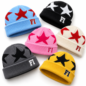 Bonnet en tricot à motif étoile de haute qualité pour hommes, bonnet d'hiver à revers, casquette en tricot côtelé extensible, chapeau personnalisé avec broderie, fournisseur B2B en gros - Product Image 6