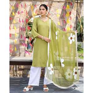 Conjunto de Traje de Rayón Pintado a Mano para Mujer, Talla XS, Color Verde, Marca Nimrat - Product Image 4