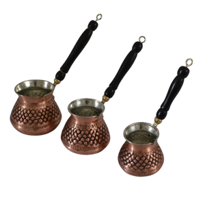 Hermosa cafetera turca, griega y árabe de cobre y latón para estufa, Cezve Ibrik Briki con mango de madera - Product Image 6