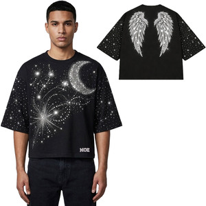T-shirt vintage à col rond imprimé avec strass, manches courtes personnalisées, 260 g/m², coupe ample pour homme, bordure contrastée - Product Image 1