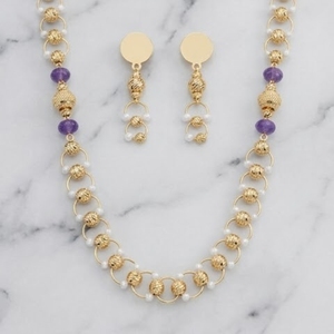 Ensemble collier Mala à maillons circulaires en argent 925 avec perles violettes pour femmes, boucles d'oreilles de créateur, bijoux de mode traditionnels - Product Image 4