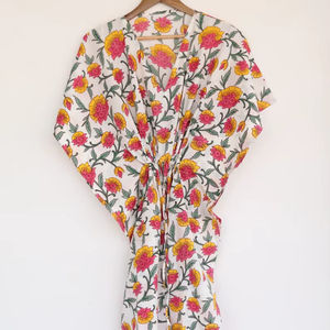 Hand Block Printed Pink <b>Yellow</b> Cotton Kaftan <b>Dress</b> Lightweight Summer Wear - Product Image 1