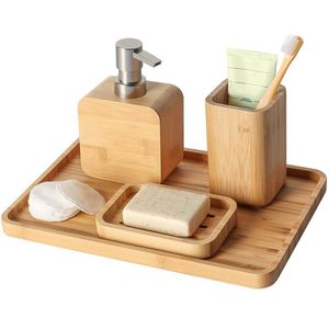 Juego de tocador de baño de teca artesanal de seis piezas, diseño minimalista rectangular, dispensador de jabón, juego de vasos para decoración de baño - Product Image 2