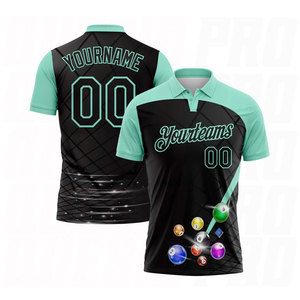 เสื้อโปโลคุณภาพพรีเมียมสำหรับกีฬาบิลเลียดสีดำน้ำเงินแบบกำหนดเอง พร้อมโลโก้ทีมและชื่อทีมแบบพิมพ์ดิจิตอล - Product Image 1