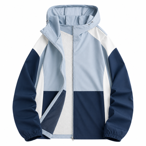 Unisex Hooded Color Block Windproof Jacket Full Zip Loose Fit Polyester Lightweight Casual Outdoor <b>Coat</b> for Spring Autumn - Product Image 2