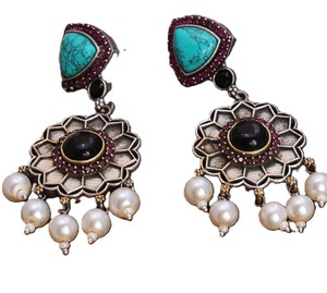 Direct Manufacturer <b>Turquoise</b> Pearl Dangle Drop <b>Earrings</b> Handmade Antique Silver Plated Women Jewelry Bulk Wholesale Supplier - Product Image 1