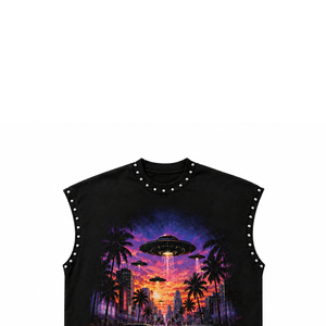 เสื้อยืดแขนกุดลายกราฟิกผู้ชายสไตล์วินเทจ สตรีทแวร์ ลายรถยนต์ UFO ประดับหมุด เสื้อทรงเข้ารูป ผู้ผลิตเสื้อผ้าแฟชั่น OEM - Product Image 6