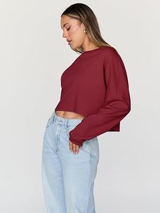 OEM ODM Service Cropped <b>Top</b> Women's Baggy Waist Crop Crewneck <b>Maroon</b> Color Sweatshirt Cotton Fleece Oversized Streetwear Front - Product Image 3