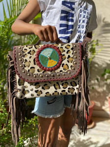 Sac à franges en cuir bohème, sac à main à franges marron en cuir imprimé Animal, sacs à bandoulière - Product Image 3