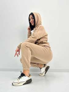 Ensemble de survêtement décontracté pour femme, beige, à capuche, manches longues, couleur unie, avec poches latérales et taille élastique, idéal pour l'automne - Product Image 2