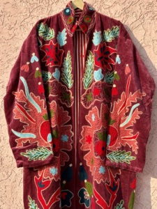 Red Velvet Embroidered <b>Coat</b> Full Sleeve O-Neck Autumn Eco-Friendly Breathable Women's Long Fleece Jacket One Size - Product Image 5