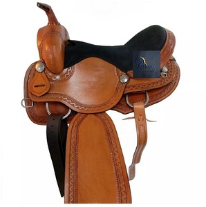 Tan Leather Western Barrel Horse Saddle With Floral Hand Carved Black Suede Seat Metal Conchos With Tack Set 10"-18" Inch LLT - Product Image 6