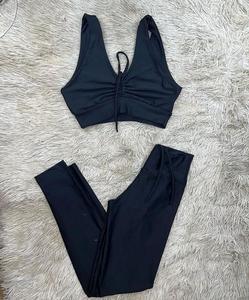 Women's 2 Piece Black Solid Sleeveless Halter Top Full Length <b>Leggings</b> Knitted Spandex Nylon Sporty Activewear Set Women's 2 Pie - Product Image 1