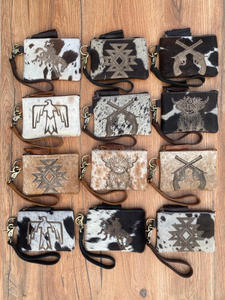 Sac à main long en cuir véritable de Style occidental de luxe pour femmes porte-carte RFID gravé au Laser en peau de vache gland pochette à fermeture éclair à la main - Product Image 4