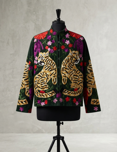 Veste Courte Femme en Velours Vert Brodé Tigre, Style Bohème, Ouverte sur le Devant, Vintage, Hiver, Ethnique, Vente en Gros, Personnalisable OEM - Product Image 4