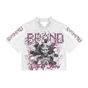 T-shirt court blanc en maille avec imprimé graphique, col en V oversize, manches courtes, streetwear, haut pour homme, polyester respirant - Product Image 1