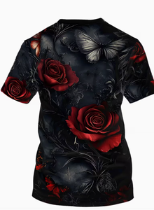 T-shirt pour homme à imprimé floral, manches courtes, col rond, coupe ajustée, vêtement décontracté, respirant, polyester, motif rose noire et rouge - Product Image 2