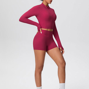Ensemble de sport femme effet seconde peau couleur unie avec veste zippée à manches longues et short de yoga pour l'extérieur et la gym - Product Image 5