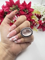 Cincin Lebar Oval Batu Kuarsa Mawar Berlapis Perak 925 Buatan Tangan Batu Permata Merah Muda Trendi Unisex Grosir