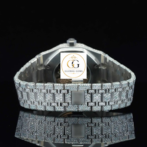 Export Quality New Silver Stainless Steel Iced Out Mossinate Diamond Analog Rubber Strap Watch for Unisex Export - Product Image 3