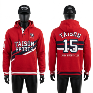 Sweat à capuche de rugby en molleton de coton et polyester 320 GSM de qualité supérieure, rouge avec empiècements contrastants et rayures, logo personnalisé imprimé à l'écran, modèle pull-over - Product Image 6