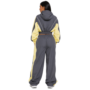 Women's Custom Color Block <b>Cropped</b> Jacket & Wide Leg <b>Pants</b> 2-Piece Set Reflective Piping Lightweight Nylon Windbreaker Tracksuit - Product Image 4