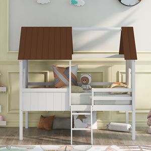 Letto a soppalco basso in legno per bambini con due finestre laterali (Bianco e Marrone) (Vecchio SKU LP000037AAD) - Product Image 1
