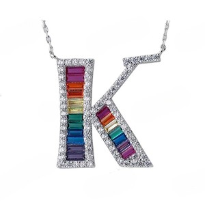 Custom Baguette Cut Moissanite Multi Colour Diamond 925 Sterling <b>Silver</b> Hip Hop Fully Iced Out <b>Initial</b> K Letter Unisex <b>Pendant</b> - Product Image 1