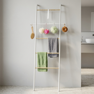 Freestanding Black Steel Towel Ladder With Wooden Bars Industrial Bathroom Organizer <b>Shelf</b> Bars Movable <b>Bath</b> - Product Image 2