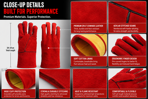 <b>Red</b> Heat Resistant Welding <b>Gloves</b> Long Cuff Cow Split Leather 11 oz Safety Work High Temperature Foundry Oven Fireproof <b>Gloves</b> - Product Image 5