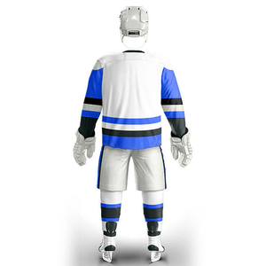 Men's Ice Hockey Uniform White Blue Striped Sublimated Jersey Full Sleeve Breathable Mesh Adult Regular Fit OEM Service - Product Image 4