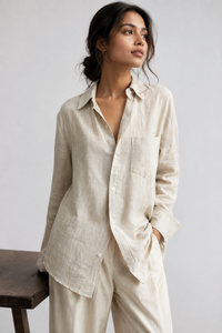 Women Beige <b>Linen</b> Two Piece Solid Top Long Sleeve Button Front Shirt Loose Wide Leg Long Pants Summer Casual Beach <b>Set</b> Wholesale - Product Image 3