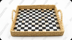 Plateau de service en rotin laqué noir et blanc à carreaux avec incrustation de nacre et poignées pour la cuisine et la salle à manger - Product Image 1