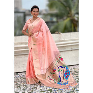 Vestidos de Noche Elite Weaves, Color Rosa Bebé, Organza Paithani, Saree Tejido con Zari, 450g - Product Image 6