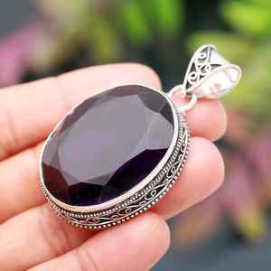 Pendentif en améthyste violette fait main en argent sterling 925, forme ovale africaine, bijou vintage - Product Image 3