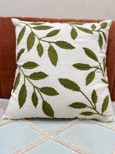 Hand-Embroidered Botanical Olive Green Leaf Pattern Square Cotton Bohemian Anti-Dust Mite Home <b>Cushion</b> <b>Cover</b> - Product Image 4