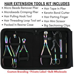 Kit d'outils pour extensions capillaires : Pince à micro-anneaux, Coupe-bandes adhésives, Coupe-keratine, Crochet de tirage, Outil de pose de boucles, Mini-ciseaux, Grandes pinces - Product Image 2