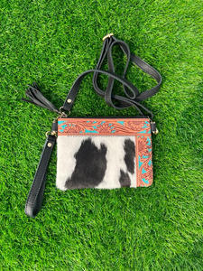 New Western Style Tooled Hair on Hide Fur Leather Sling <b>Bag</b> Women Handcrafted <b>Colour</b> Tooled Leather Wristlet Hand Clutch Purses - Product Image 4